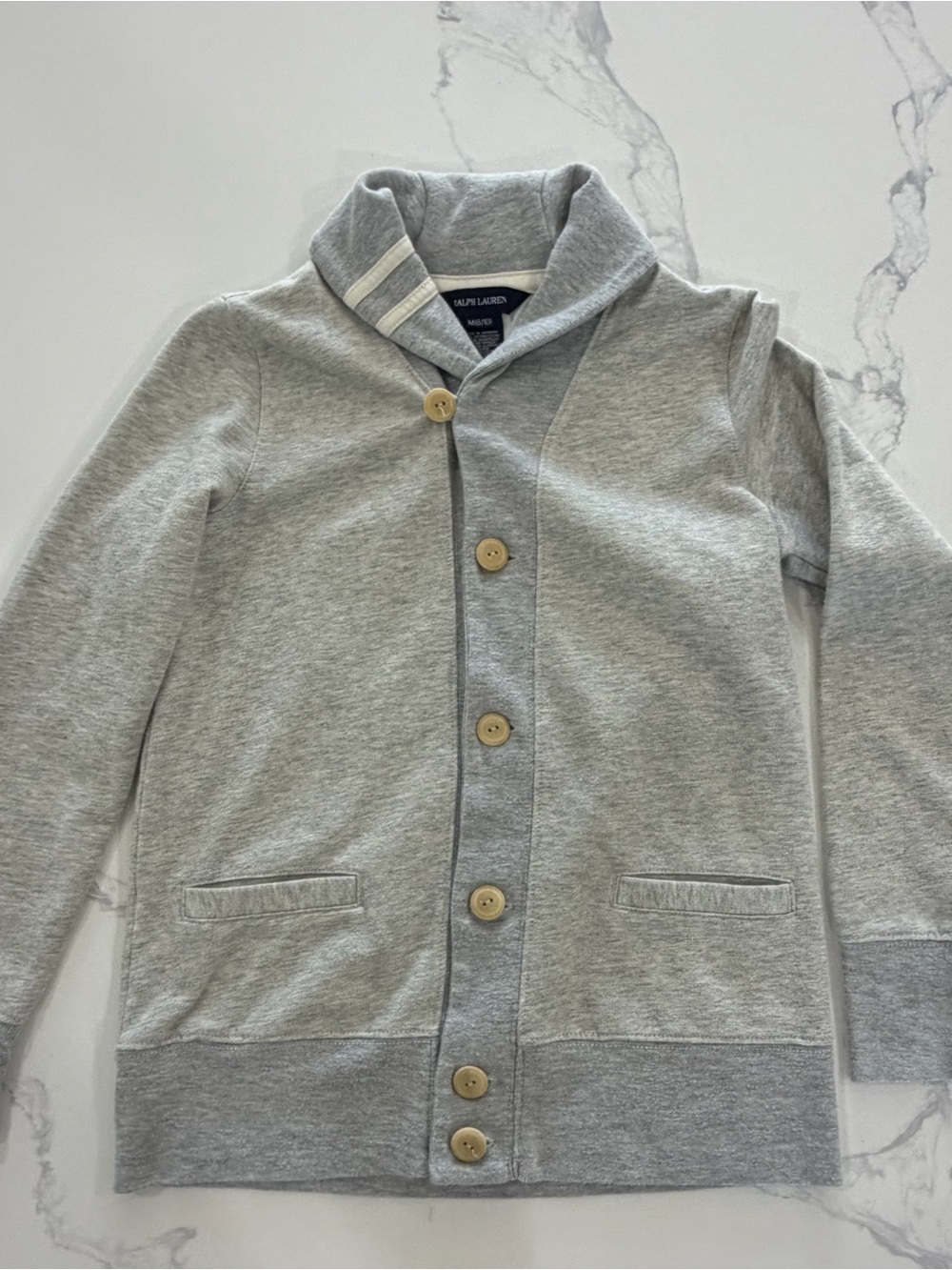 Ralph Lauren Boys Preppy Gray Shawl Collar Sweater Cardigan Size Medium 8/10
